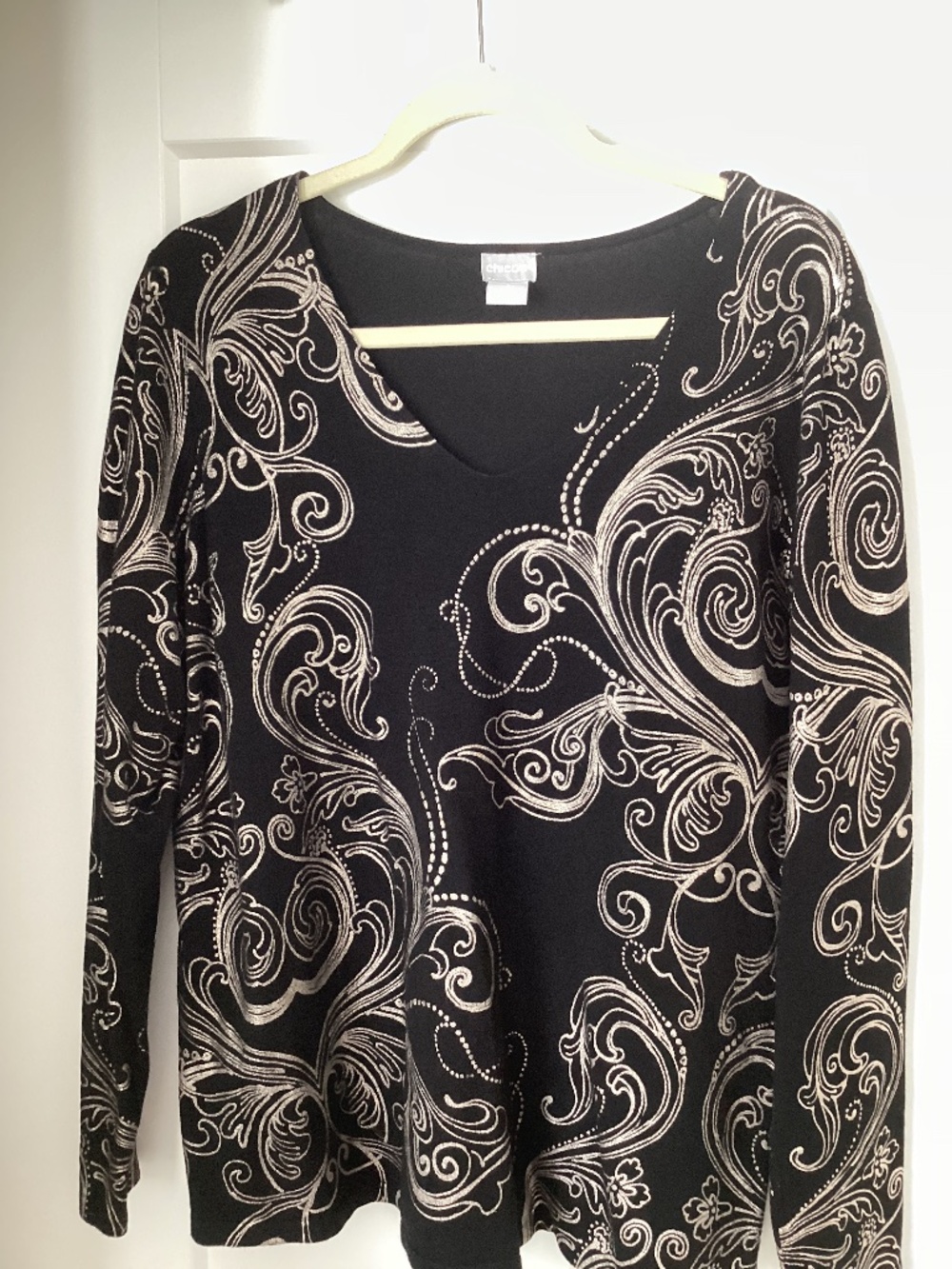 Chico's Black and Gold Swirl Long Sleeve Top - Size 2